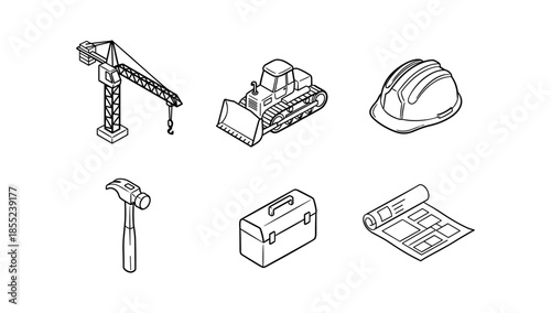 Black and white construction tools and equipment line art set