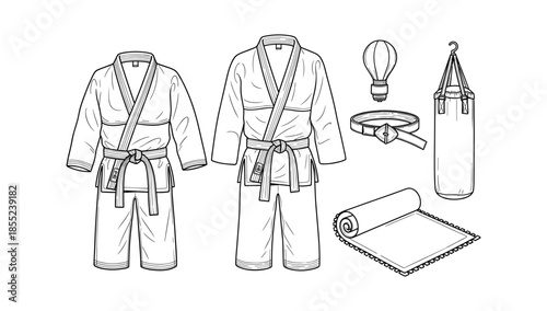 Karate gear and accessories line art: uniforms, belts, and training equipment
