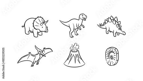 Dinosaur outlines: triceratops, raptor, stegosaurus, pterodactyl, volcano, fossil
