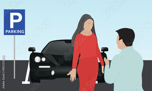 Couple talking in parking lot. vector