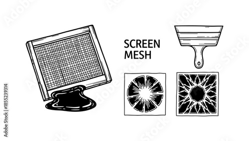 Monochrome silk screen printing tools and patterns illustration