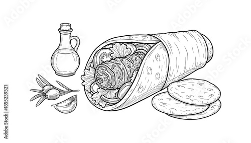 Hand drawn doner kebab with ingredients and pita bread on white background