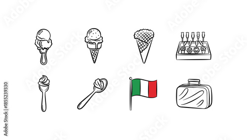 Collection of iconic italian sweets and travel symbols in minimalist design