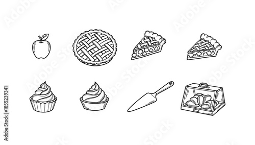 Hand drawn dessert icons: apple pie, cupcakes, and bakery items