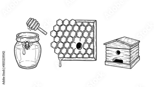 Honeybee essentials: jar, honeycomb and beehive in detailed black and white sketch
