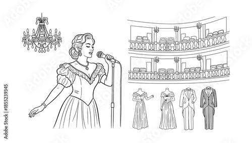 Elegant opera singer performing in vintage theater setting with chandelier and classic outfits