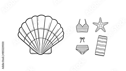 Minimalist outline of seashell and beach accessories with striped patterns