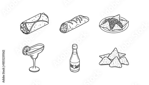 Mexican food icons: tacos, burritos, nachos, and more in monochrome style