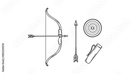 Monochrome archery set with bow, arrow, and target details
