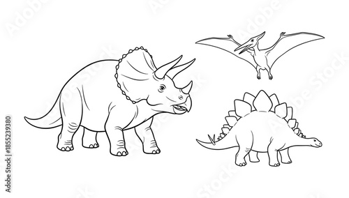 Dinosaur line art featuring triceratops, pterodactyl, and stegosaurus