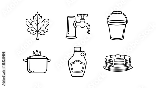Canadian essentials: maple leaf, tap, bucket, pot, syrup, pancakes in linear style