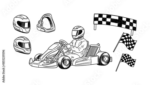 Outline racing theme with go kart, helmets, and checkered flags