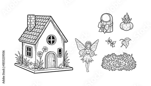 Whimsical fairy house with garden elements and fairy character in black and white
