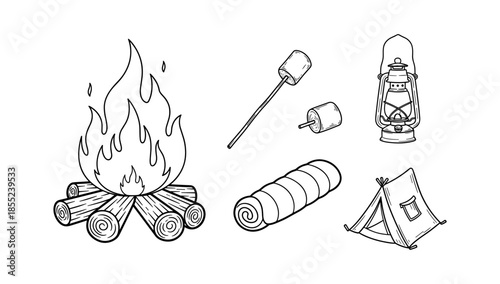 Camping essentials: hand drawn fire, tent, marshmallows, and lantern