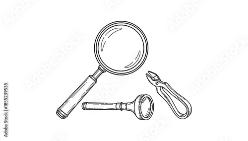 Detailed vintage tools: magnifying glass, flashlight, and pliers in hand-drawn sketch style