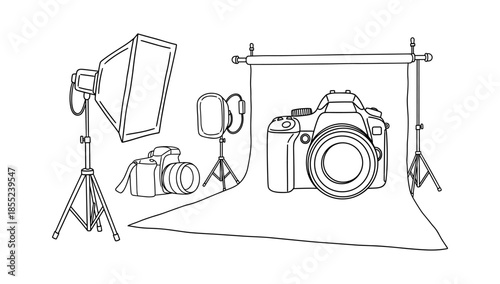 Photography studio setup with cameras and studio lighting in linear style