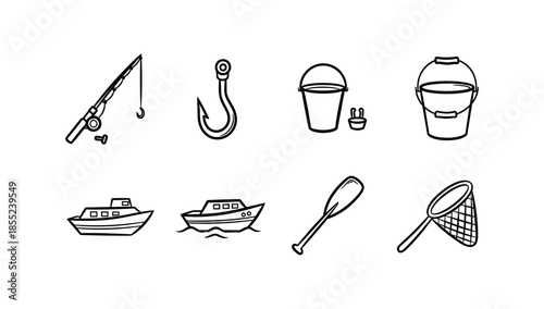 Fishing tools and equipment icons in linear style for recreational activities