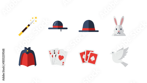 Magic show elements: flat icons of wand, hat, bunny, cloak, cards, and dove