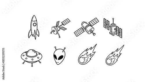 Space exploration icons: rocket, satellite, ufo and alien elements in line art