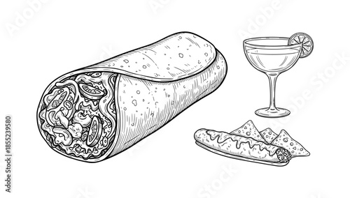 Black and white burrito and cocktail sketch with chips and salsa on white background