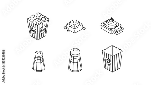 Snack icons: popcorn box, waffle with syrup, salt shaker in minimalist line art