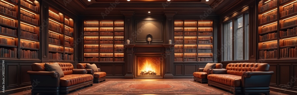 Fototapeta premium Warm library features fireplace and leather seating. Extensive bookshelves line walls with warm lighting. Cozy room for reading relaxation and study. Comfortable space for quiet contemplation.