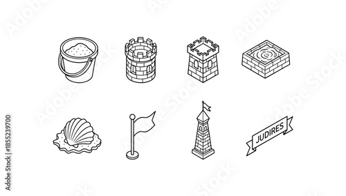 Isometric sandcastle icons with seashell, flag, and obelisk in linear style