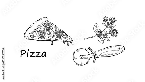 Hand drawn pizza slice with oregano and cutter
