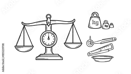 Vintage weighing scale and metric measuring tools set with sketch style design