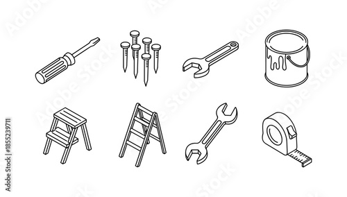 Black and white linear icons of tools and diy equipment