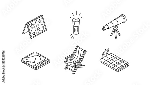 Camping essentials: telescope, flashlight, deck chair, and more in linear icons