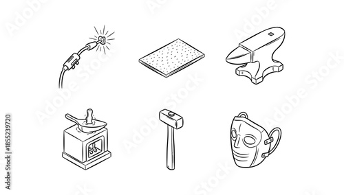Blacksmith tools set: anvil, forge, hammer, welding torch, protective mask linear icons