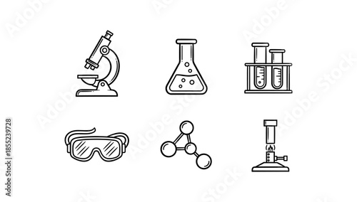 Linear science icons set: microscope, flask, test tubes, safety goggles, molecule, bunsen burner