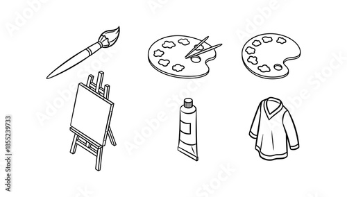 Art tools: paintbrush, palette, easel, and paint tube in line design