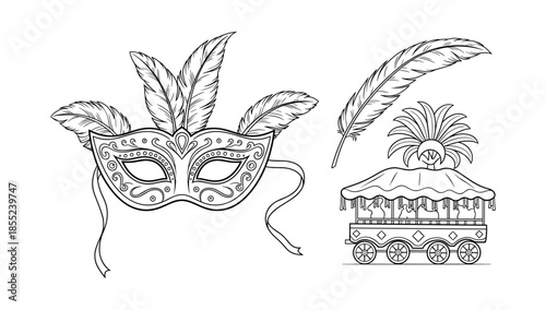Carnival mask with feathers and festive parade float in line art style