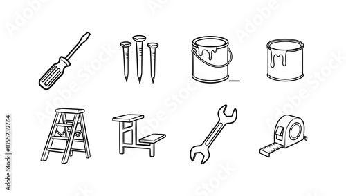 Handyman tools outline set: ladder, paint, tape measure, screwdriver, wrench