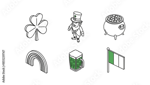 Isometric irish icons: leprechaun, shamrock, pot of gold, rainbow, beer, flag
