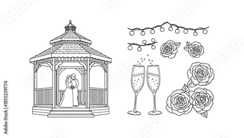 Romantic wedding gazebo with champagne and roses drawing