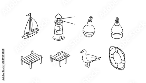 Nautical line art collection with sailboat, lighthouse, and buoy