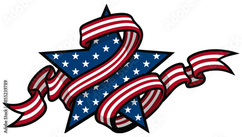 Patriotic Blue Star with Red, White, and Blue Ribbon Illustration, blue star illustration, patriotic star art, american flag ribbon, red white blue ribbon, stars and stripes design, national pride art