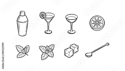 Cocktail elements: shaker, glasses, lemon, mint, ice cubes, spoon - hand drawn style