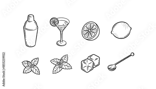 Cocktail bar essentials: outline design of shaker, citrus, mint, ice cubes, and spoon