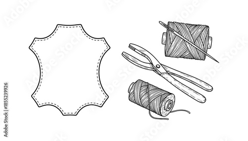 Handcrafted leatherwork with stitching tools and thread in detailed sketch style