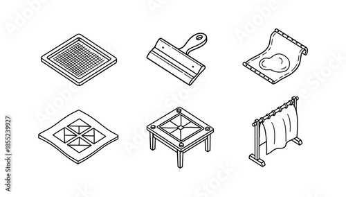 Screen printing tools set with line art style for creative design projects