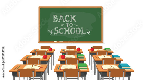 Inviting classroom interior featuring a chalkboard with "Back to School" message, neatly arranged desks, chairs, books, and apples, ready for learning.