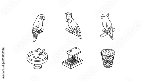 Minimalist line art: birds, birdbath, trap, and basket collection