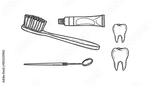 Dental care essentials: toothbrush, toothpaste, and tools in hand drawn style