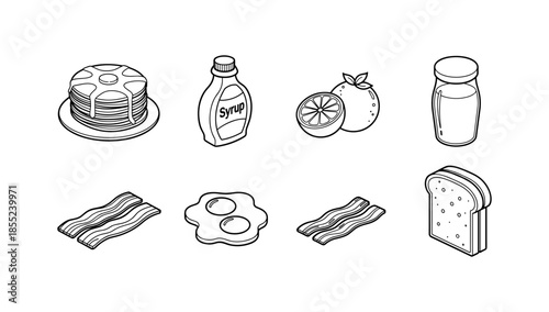Classic breakfast icons: pancakes, bacon, eggs, juice, and more in linear style