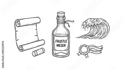 Vintage bottle with scroll, wax seal, and wave sketch in black and white