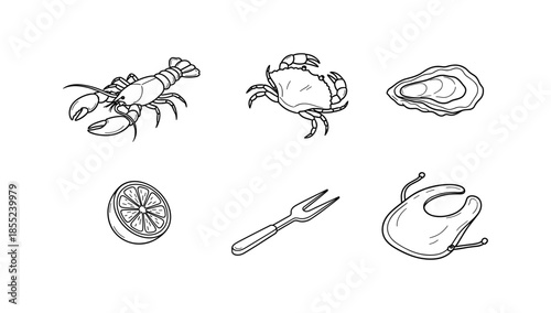 Outline seafood collection with citrus, fork, and bib for culinary design